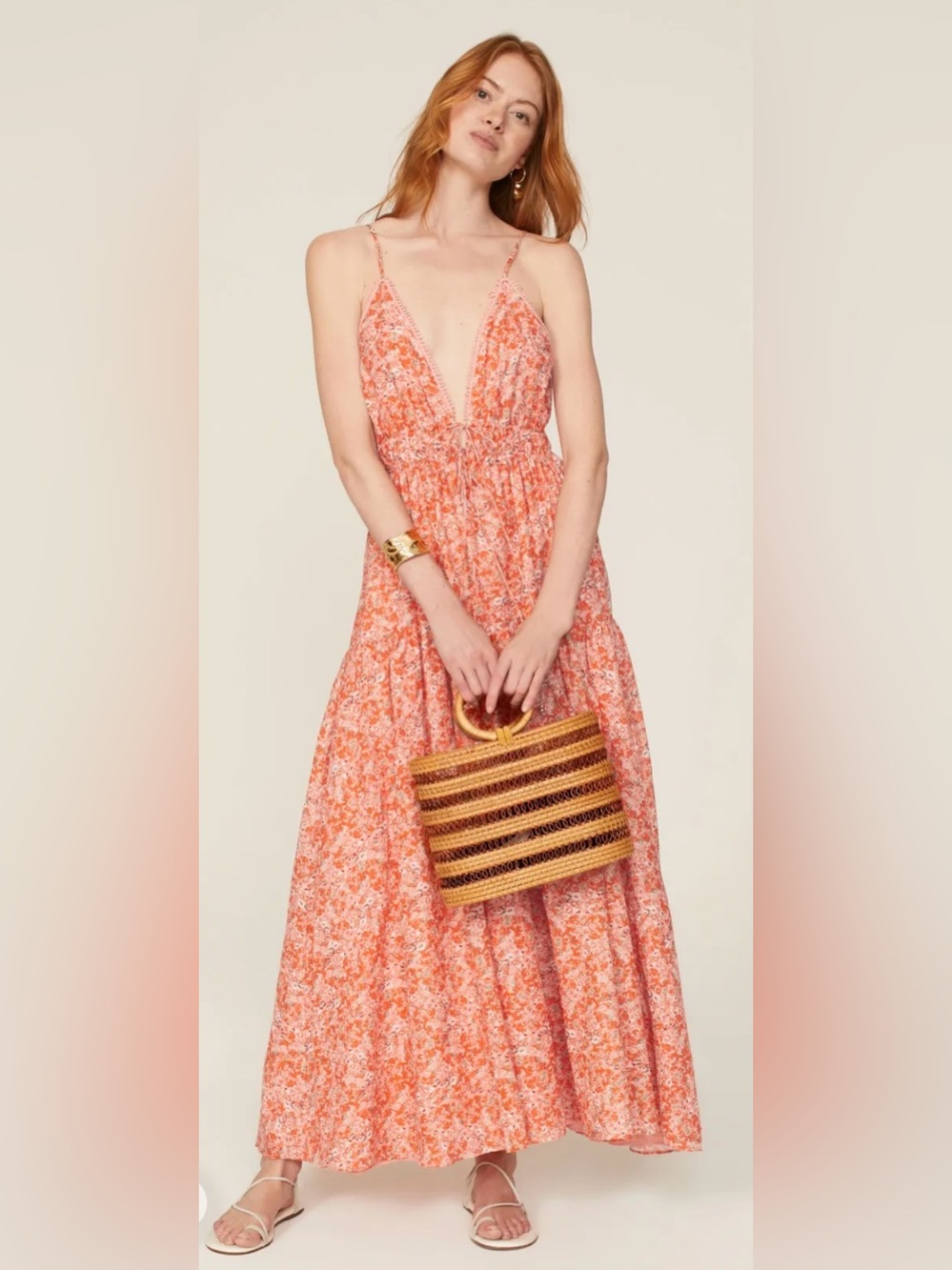 Kivari Ines V-Neck Drawcord Maxi Dress Orange Floral US6